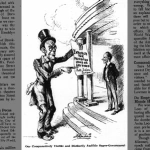 Cartoon oversized WBW holds sign in front of small Coolidge, Enforce the Prohi Law or Get Fired