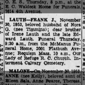 Frank Lauth obituary 1953