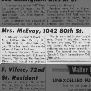 1961 - Obituary of Lillian Etter McEvoy - Bay Ridge Home Reporter, Friday, Feb. 3, 1961

