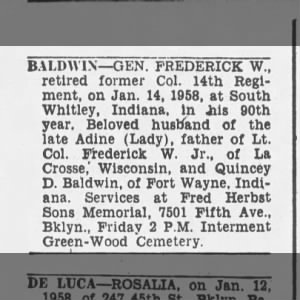 Obituary for BALDWIN GEN. FREDERICK W.