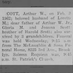 Obituary - Arthur W Scott - died Feb 3 1962