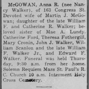 Brooklyn Record: Oct 7, 1960
Obit: Anna R. McGowan (nee Walker) 